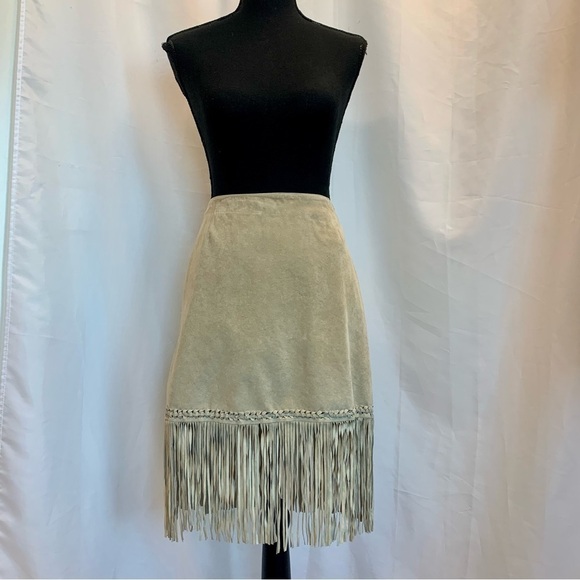 DANIER Leather cream beige suede fringe jacket skirt set S/8/10 western cowgirl - Picture 4 of 10
